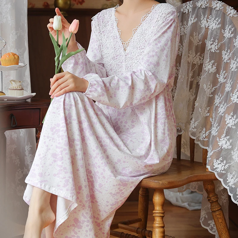 

Floral Print Long Night Dress Women Cotton Sleepwear Autumn Lace Collar Peignoir Victorian Vintage Nightgowns Lounge Nightwear