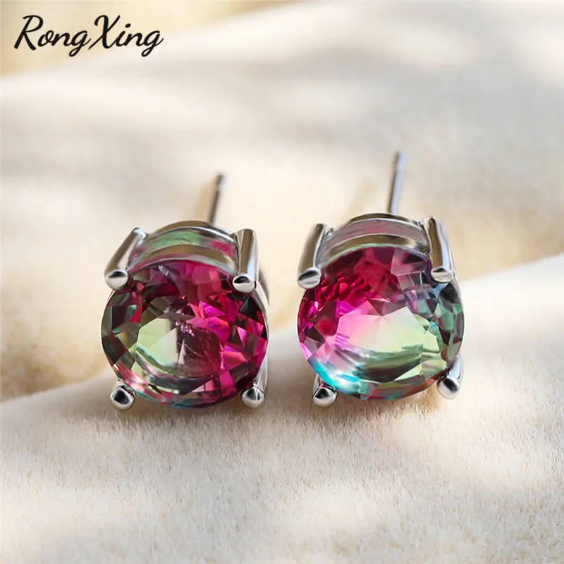 Женские серьги гвоздики RongXing Mystic с радужным огнем и цирконом заполненные белым