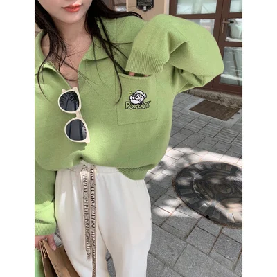 Свитер с отворотами и мультяшным принтом для женщин | Женская одежда