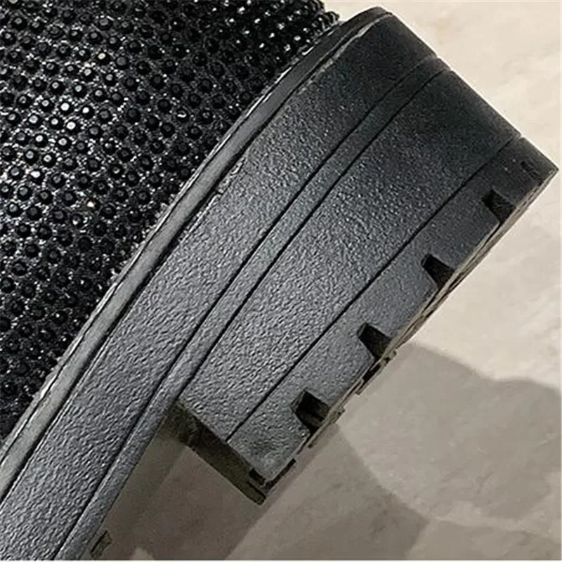 Fashion Sexy Women's Lace-Up Knees High Long Boots Bling Rhinestone Leather Platform Martin Boots Black Silver Zapatos Drop Ship