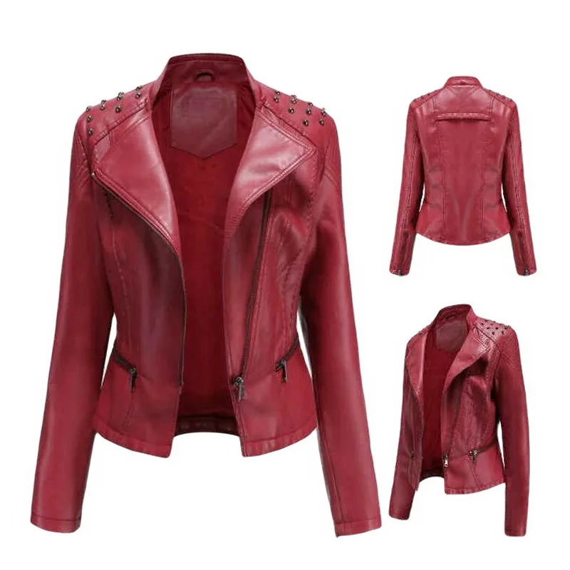 6 Colors Special Women Lapel Rivet Leather Jacket Women's leather jacket Slim Overcoat Eurocode PU Leather Coat