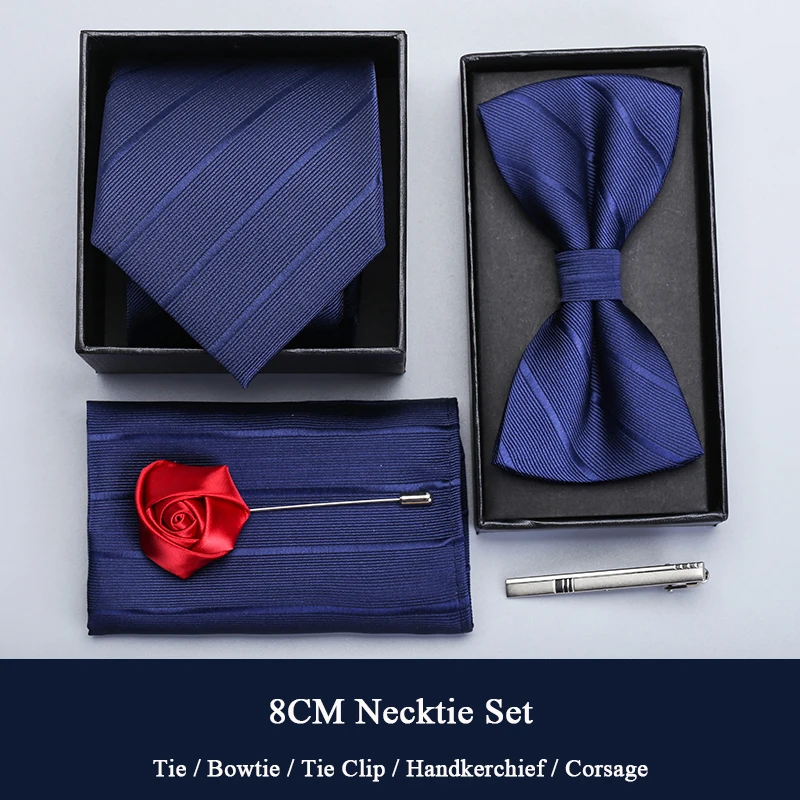 

New High Quality Blue Men Tie Set with Necktie Bowtie Corsage Pocket Square and Tie Clip in Gift Box for Business Meeting