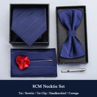 new high quality blue men tie set with necktie bowtie corsage pocket square and tie clip in gift box for business meeting