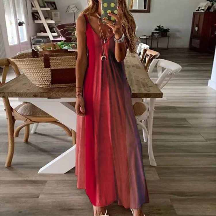 

Long Dress Women Tropical Printed Strap Dress 2021 Sleeveless Beach Party Dresses Women Casual V Neck Robe Summer Sundress