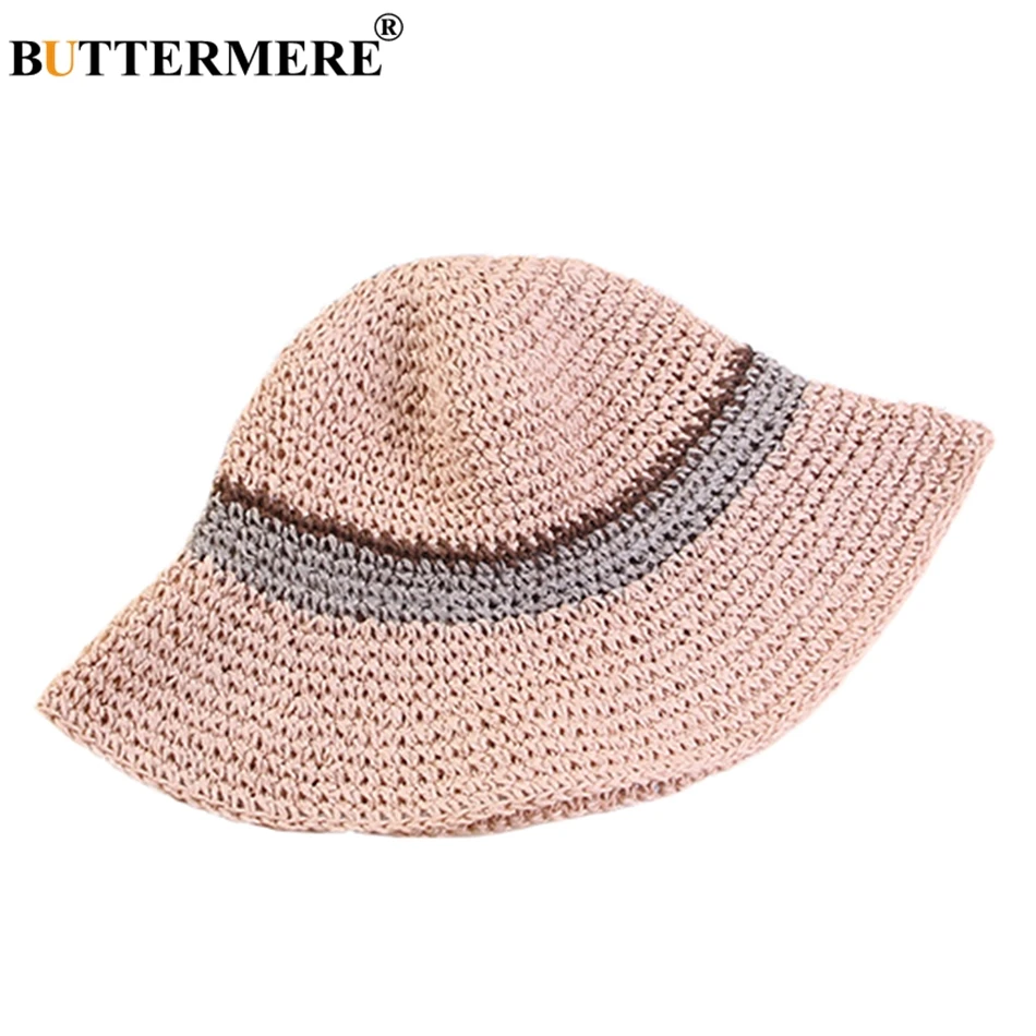 BUTTERMERE Womens Summer Bucket Hats Straw Patchwork Fishing Cap Female Elegant Grey Pink Folding Ladies Crochet Sun Hat Fashion
