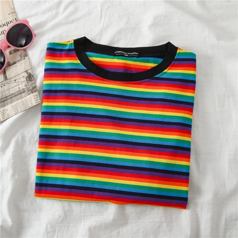 Sweet Rainbow Stripe Women Summer T-Shirt Minimalist Short Sleeve clothes Vogue Tops tee shirt couple tshirt top | Женская одежда