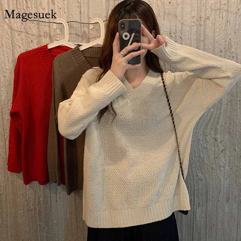 

Early Autumn New All-match Solid Color Pullover Sweater Women Casual Korean-Style V-neck Knitted Jumper Sweaters for Women 11632
