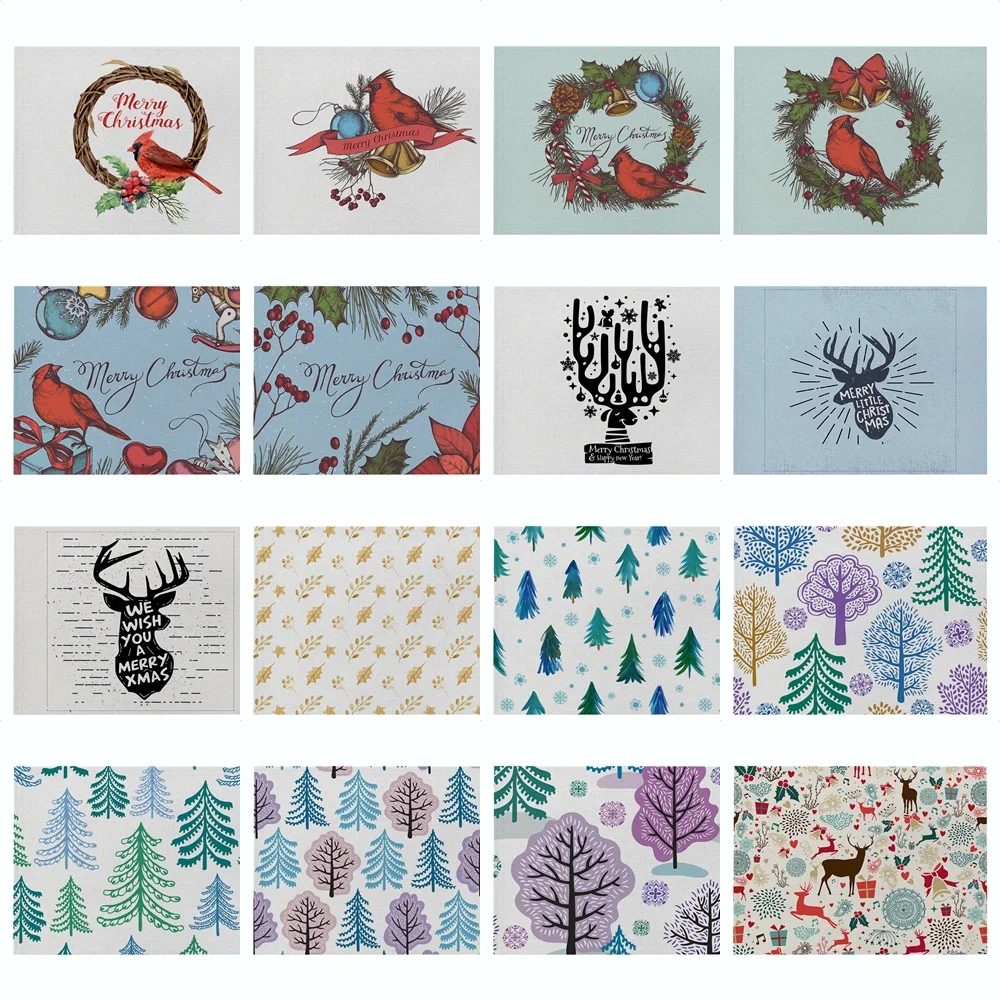 

Christmas Wreath Bird Placemat Linen Kitchen Dining Table Winter Xmas Tree Cup Coaster Pads Abstract Cartoon Elk Bells Mats Home