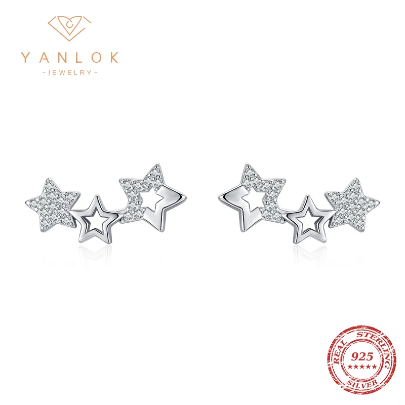 

YANLOK Shining Star Long Stud Earrings For Women 925 Sterling Silver Zirconia Wedding Statement Jewelry Boucles Brincos Bijoux