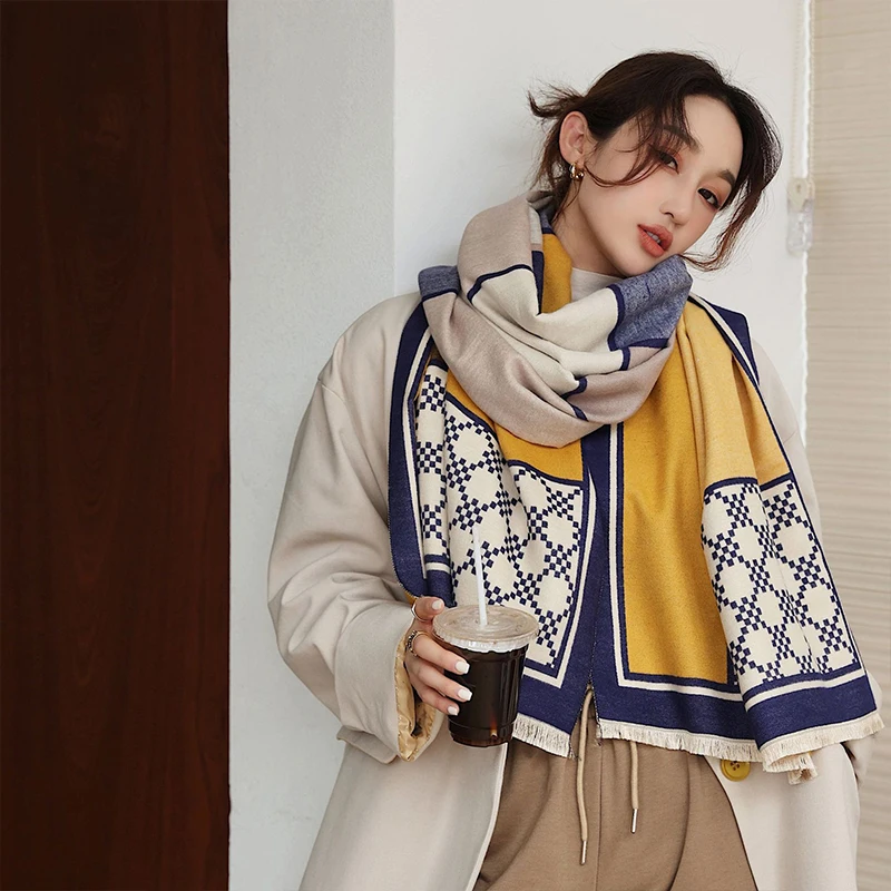Imitation Cashmere Women Vintage Plaid Print Double sided Scarf Winter Warm Shawl Elegant Knit Tassel Female Thick Long Wrap |