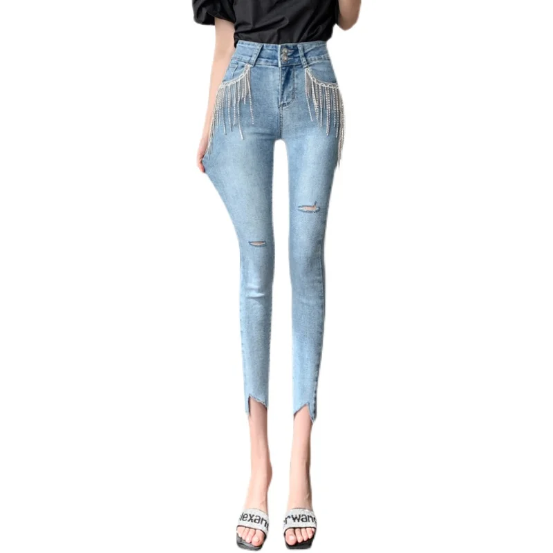 

2021 spring heavy industry new diamond tassel jeans female high waist pencil trousers skinny pants