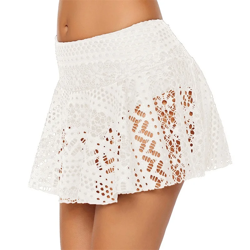 

2021 Summer Women's Swim Trunk Women Lace Swim Skirt Crochet Bikini Bottom Swimsuit High Waist Tulip Hem Swim Skirt Beach Dress