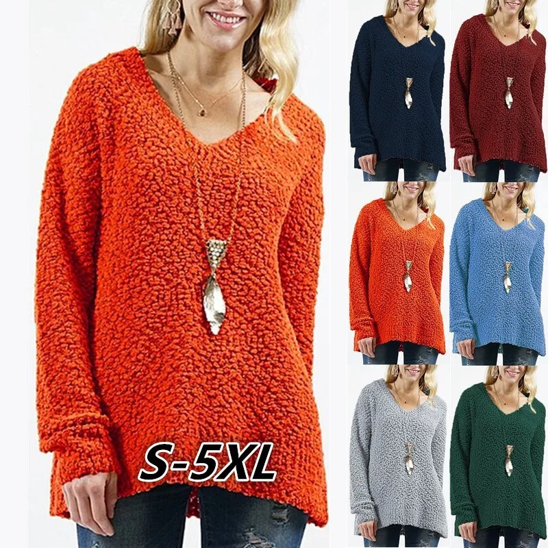 

2021 Autumn and Winter European and American Fashion New Style V-neck Solid Color Plush Long Sleeves Sweaters Women's Clothing