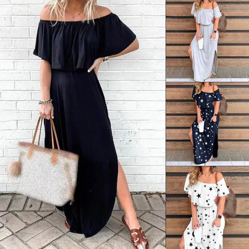 

Off Shoulder stars print dress Short Sleeve Long Dress Elegant Female Spring Summer Dress Vestidos