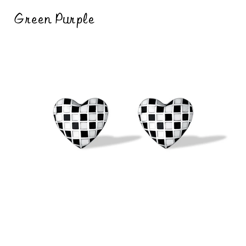 

Real 925 Sterling Silver Retro Style Black And White Plaid Love Heart Stud Earrings For Women Wedding Statement Jewelry Aretes