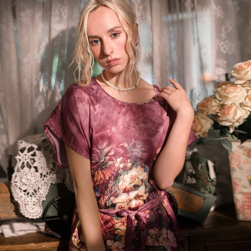 

Plus Size Women Nightdress Short Round Neck Pullover Sleepwear Rayon Print Ribbons Sexy Lingerie Home Cloths Summer