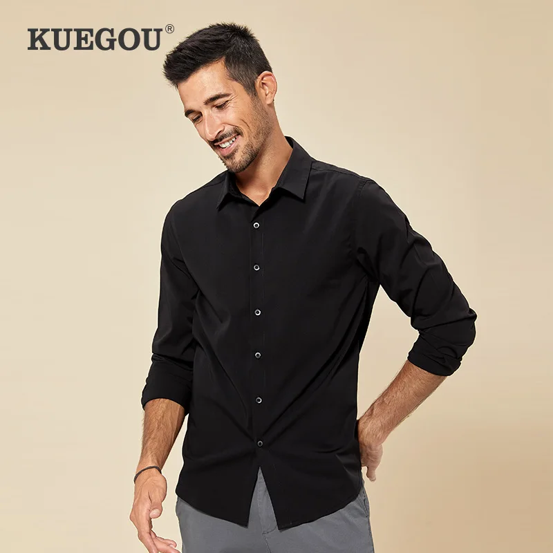 

KUEGOU Spring White clothing stretch Men's Shirts Long Sleeve fashion slim fit Autumn Shirt men Smart Casual plus size CC-3282