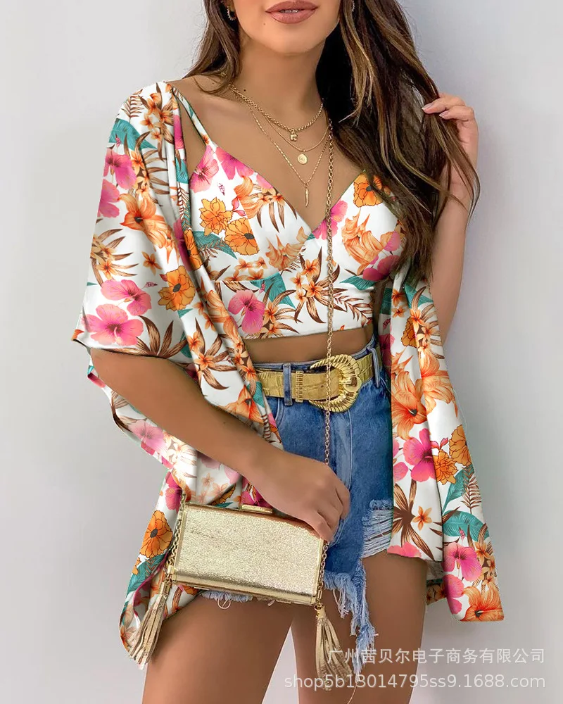 

WEPBEL Women Summer Two Piece Set Ladies Elegant Floral Print Strap Crop Top Shirt + Chiffon Cardigan Coat Suit Set