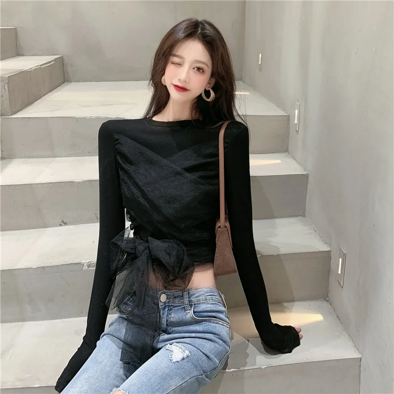 

Kimotimo Women Design Crop Tops Summer New Style Mesh Stitching O-Neck Solid Short Slim Tops Ins Bottoming Lace-up Bow Blouse