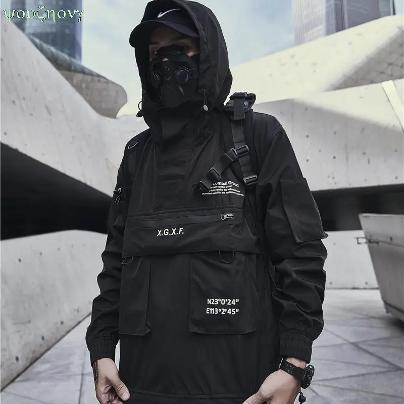

Куртка Techwear для мужчин, Весенняя уличная одежда, черная Водонепроницаемая ветровка с капюшоном