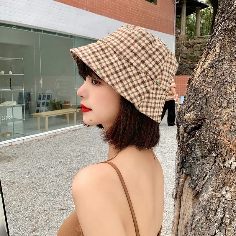 

Bucket Hat Women literary lattice Plaid Summer Outdoor Travel Sunscreen big brim Sun Hats Cotton Panama Fisherman Hat Basin Caps