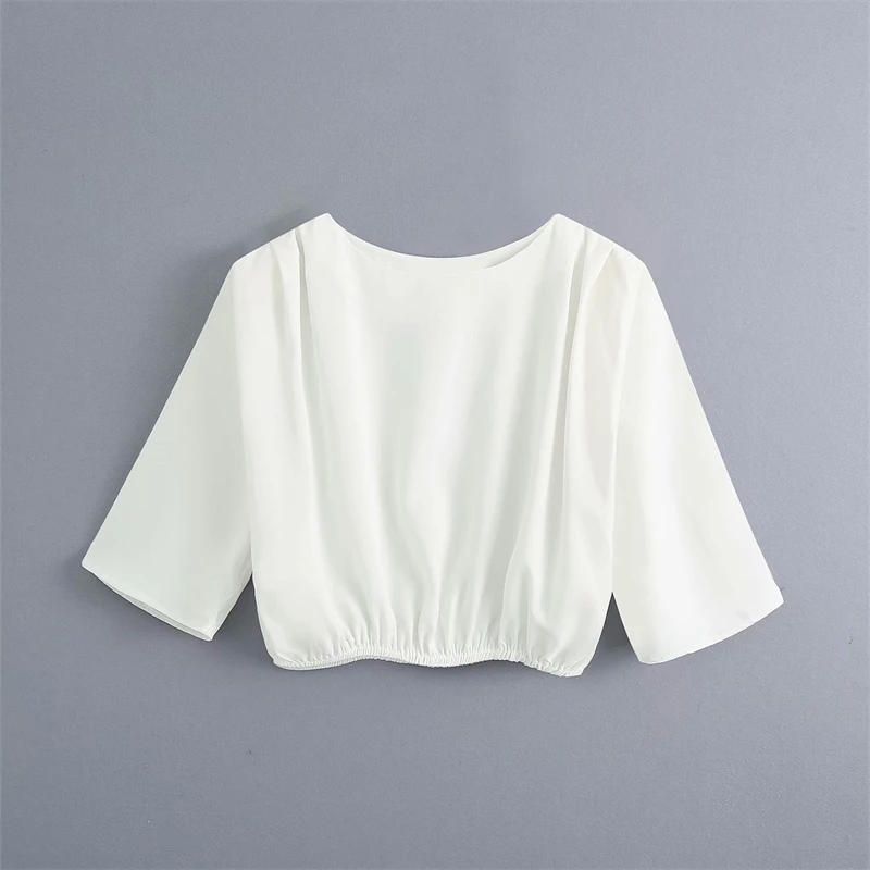 

YOSIBCD Women 2021 Fashion Pleated Cropped Cozy Blouses Vintage O Elastic Hem Female Shirts Blusas Chic Tops