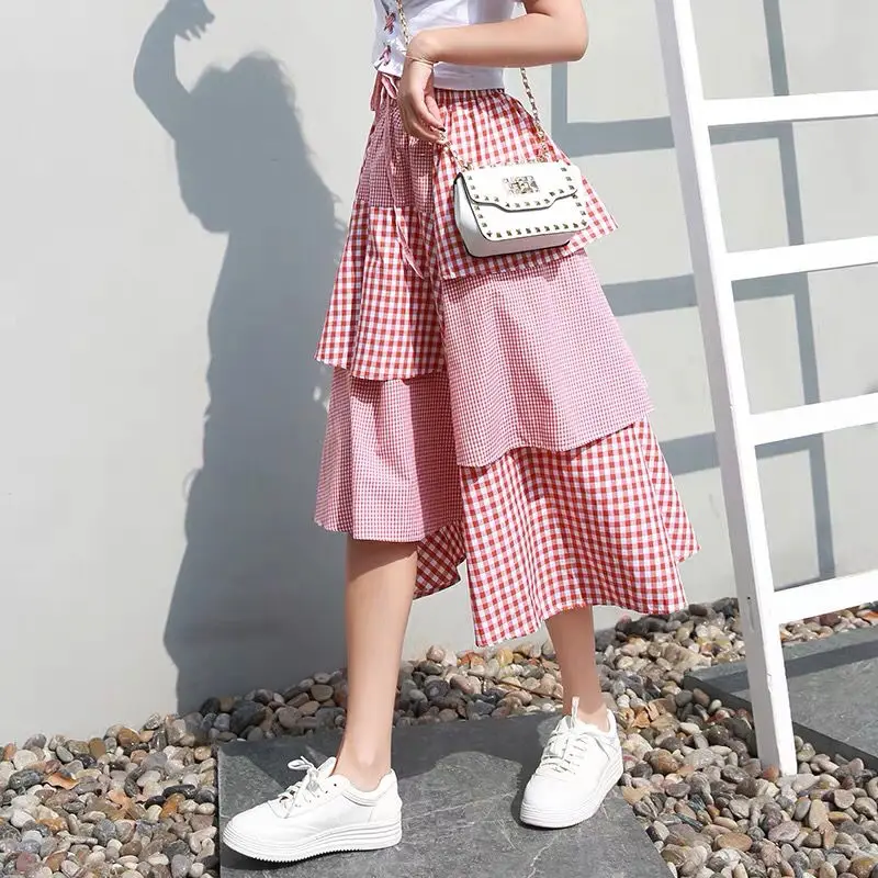 

Irregular Plaid Stitching Skirt Female Spring 2021 New High-waisted Thin Mid-length Fishtail Cake Skirt