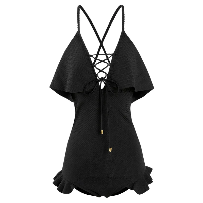 Женский цельный купальник однотонный пляжный костюм с оборками V-образным