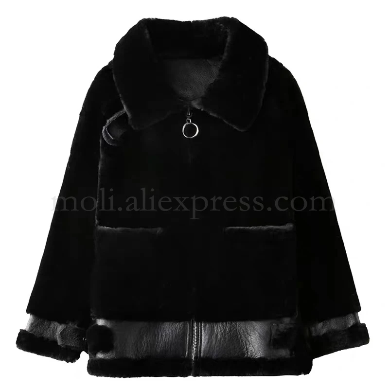 Black Кожаная куртка, зимнее пальто для женщин, натуральный мех, шерсть мериноса, овчина, мотоциклетные куртки, Женские топы и блузки - Цвет: Black