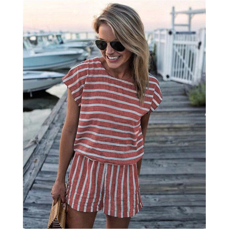Женский Повседневный свободный костюм в полоску с коротким рукавом и открытой