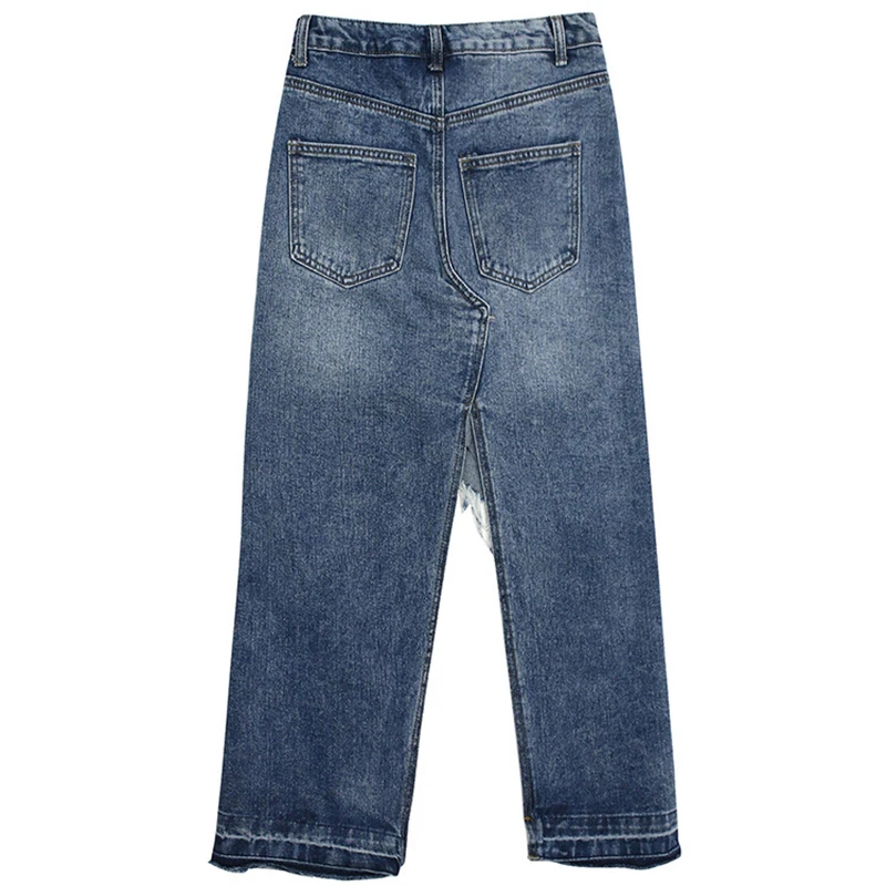 

2019 Split Medium Long Denim Skirt Women High Waist Ripped Hole Skirts Blue Irregular Asymmetrical Streetwear Europe All Match