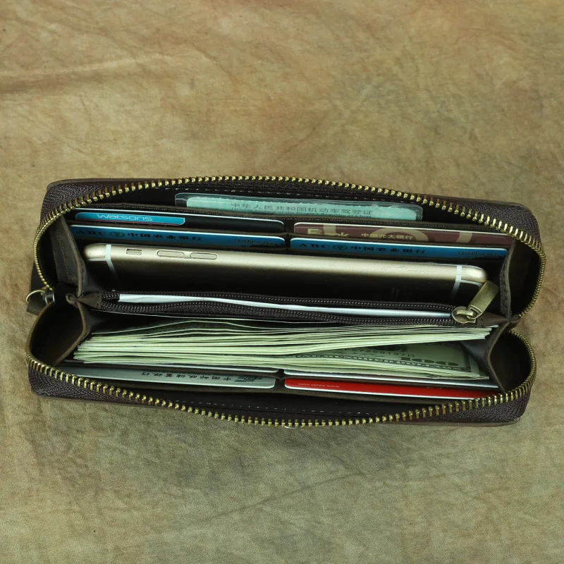 

Men Clutch Wallet Genuine Cowhide Leather Men's Vintage Mobile Phone Passport Zipper Wallets Handheld Coin Bag Card holder Purse