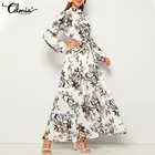 Платье Celmia женское с круглым вырезом, длинное Бандажное элегантное праздничное Макси-платье с длинным рукавом и высокой талией, с цветочным принтом, осень 2021