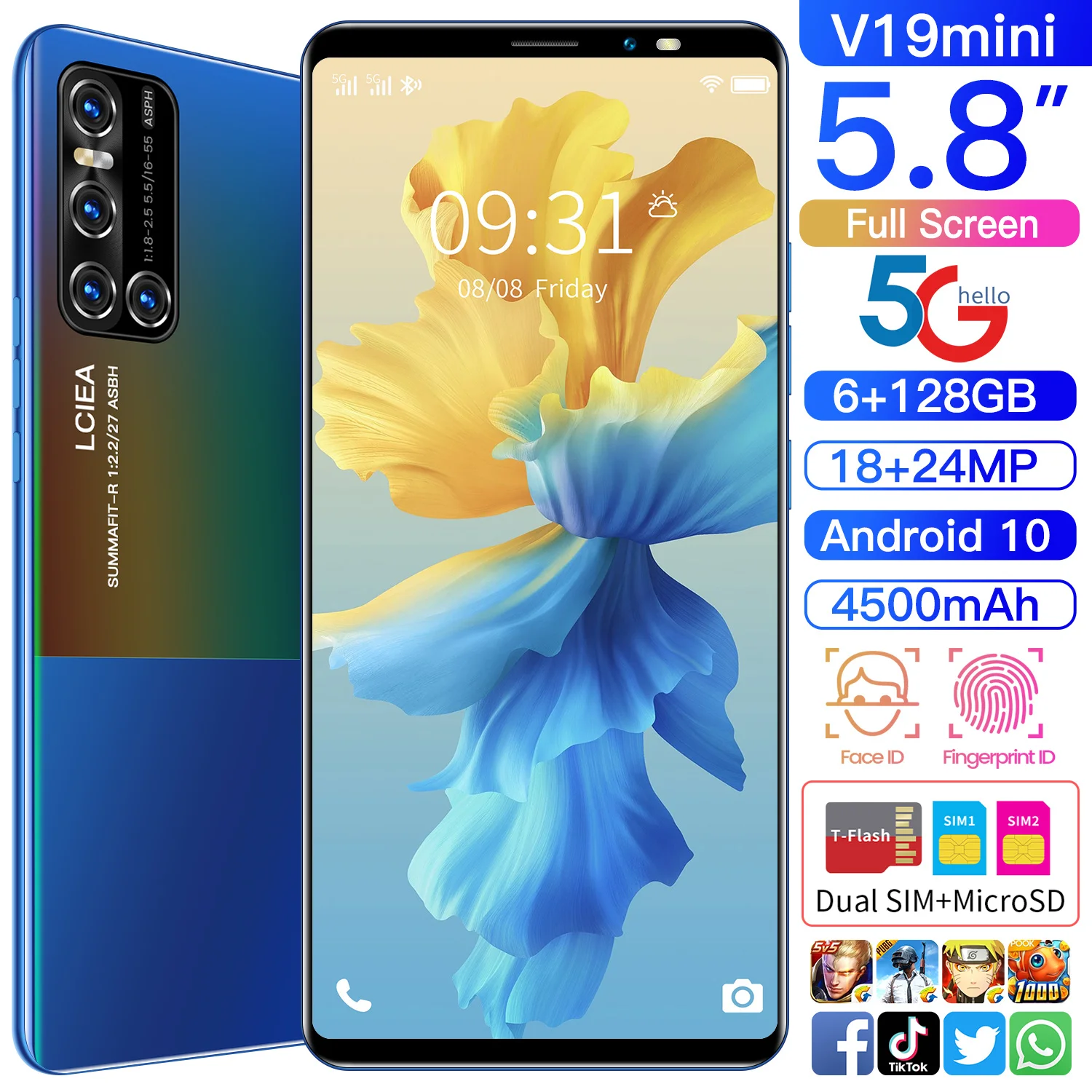 

2021 New Arrival V19 Mini 5.8 Inch 6+128GB 4500mAh Android10 18+24MP Camera 8 Core Fingerprint ID MTK6598 Dual SIM SmartPhone