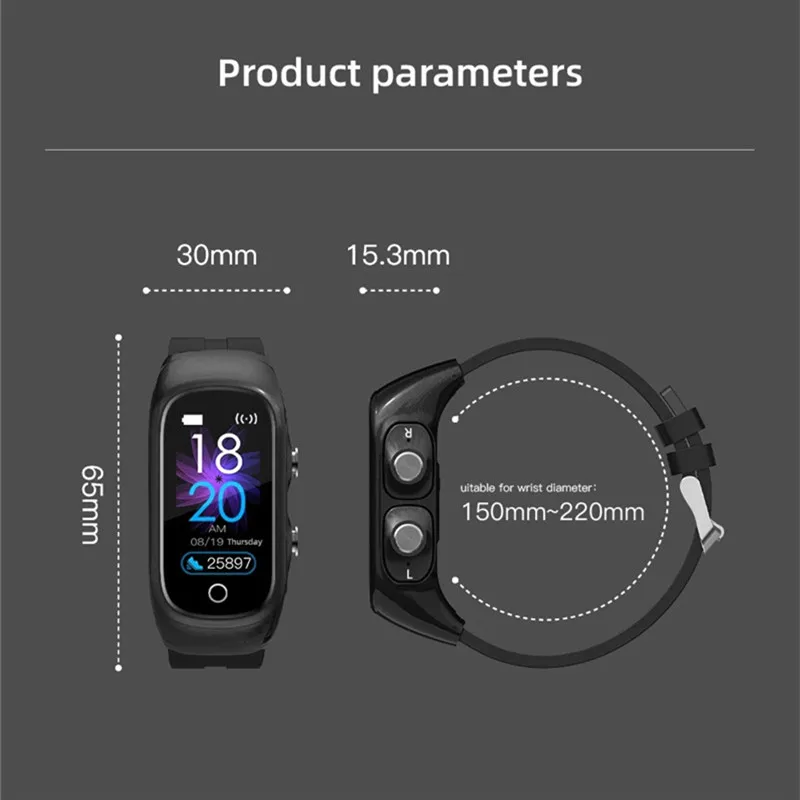 

N8 Smart Watch with Wireless Earphones TWS Bluetooth 5.0 Headset Call Sleep Monitor Heart Rate Bracelet PK T90 LT04