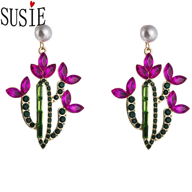 

LOVE SUSIE Fashion Earring Personality Cactus Pearl Rhinestone Party Accessories Vintage Style Women Elegant Earrings
