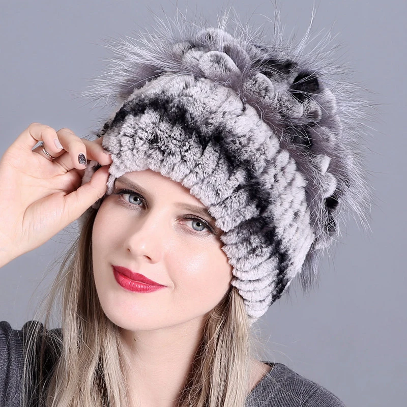 

2020 Knitted Women 100% Real Rex Rabbit Fur Hat Top Fox Fur Flowers Caps Winter Warm Luxury Genuine Rex Rabbit Fur Bomber Hats