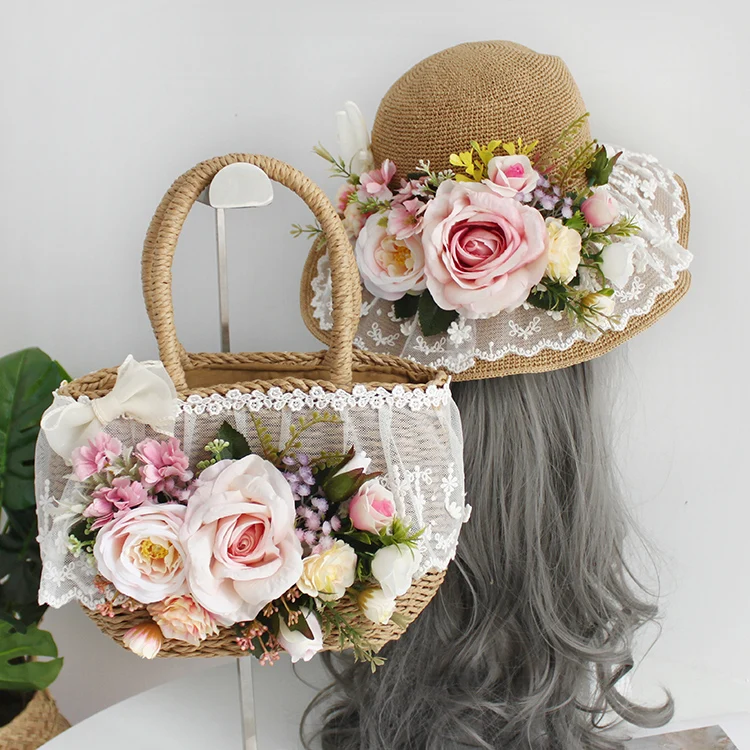 Women Fashion Summer Beach Bag and Hat Suit Multicolor Artificial Flowers Lace Rattan Handbag Bohemia Weave Straw Casual Tote