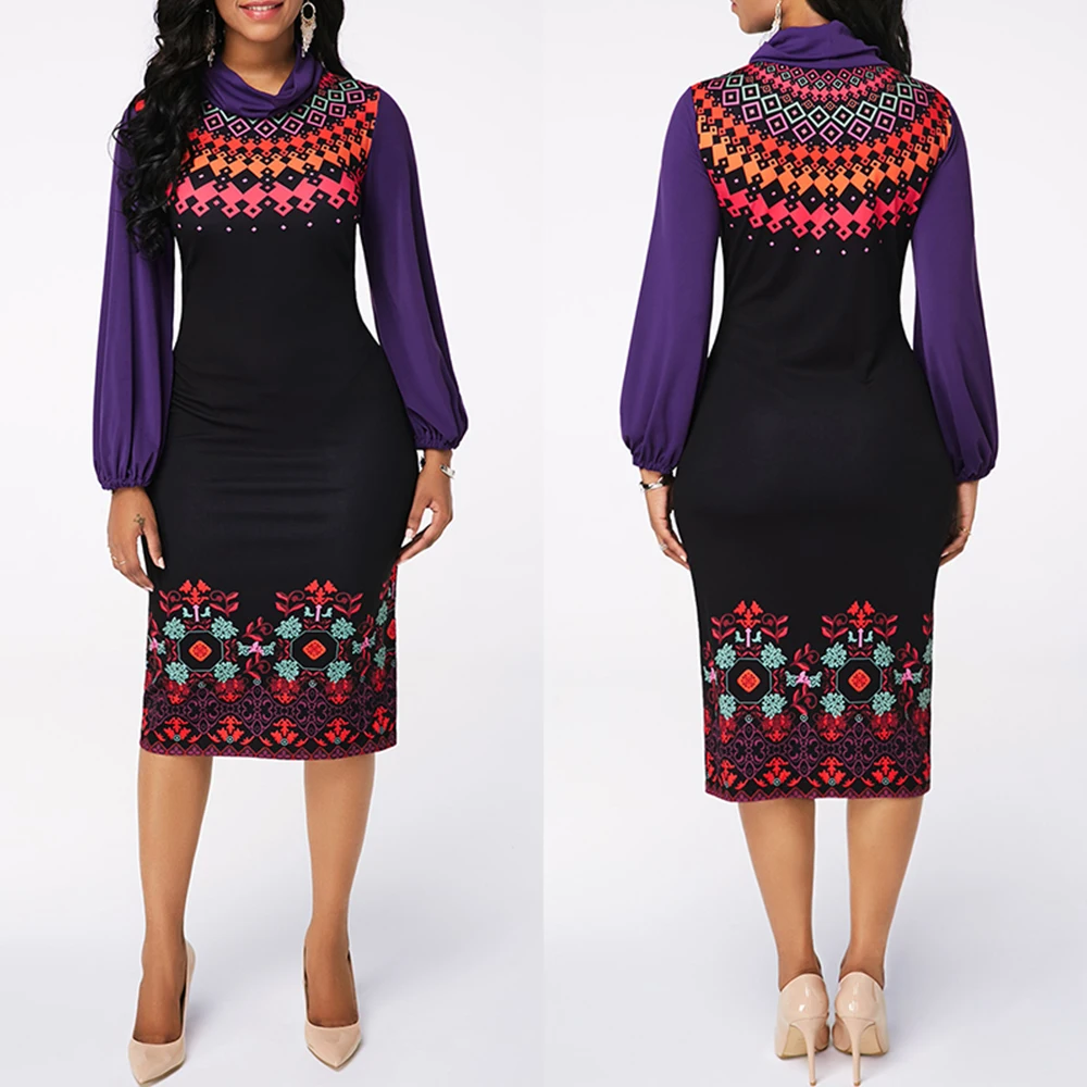 

Spring Dress Women 2021 Casual Lantern Sleeve Slim Ethnic Print Office Pencil Bodycon Dresses Vintage Sexy Long Party Dress