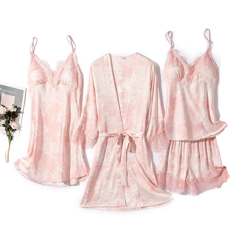 

Summer Pink 4PCS Sleepwear Women Satin Pajamas Set Lace Trim Robe Suit Sexy V-neck Pijamas Suit Casual Sleep Set Home Clothes