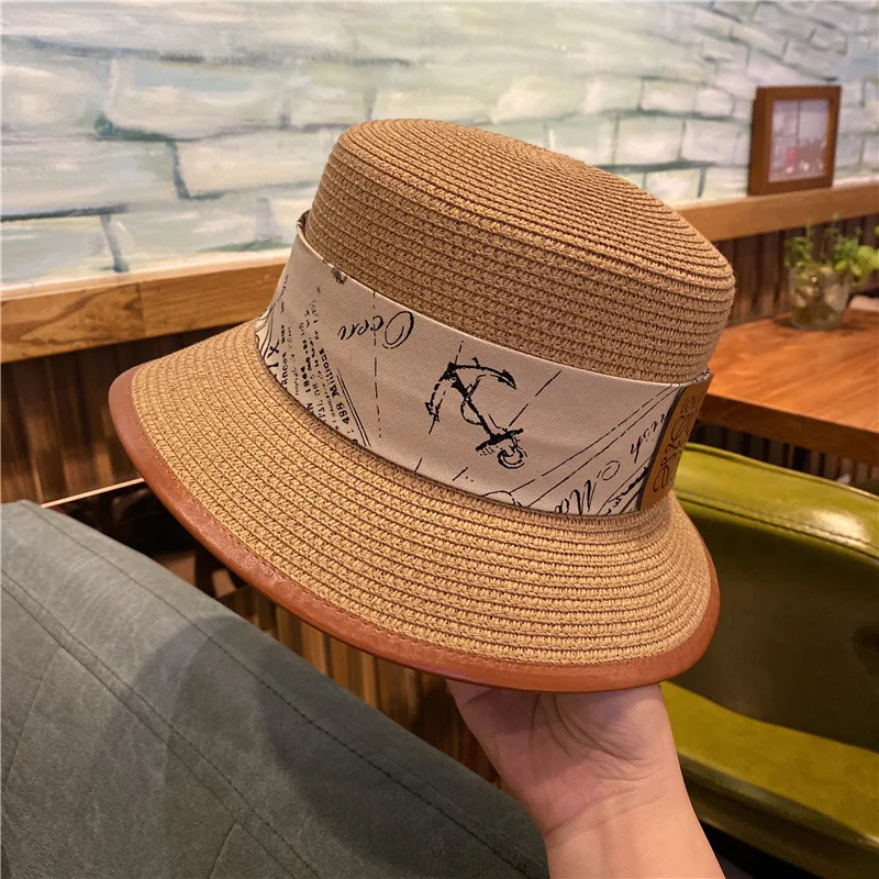 Sun Hats for Women Straw Ribbon Women Bucket Hat INS Summer Female Cap Visors Wide Brim Flat Top Beach Hat for Lady 2021 New