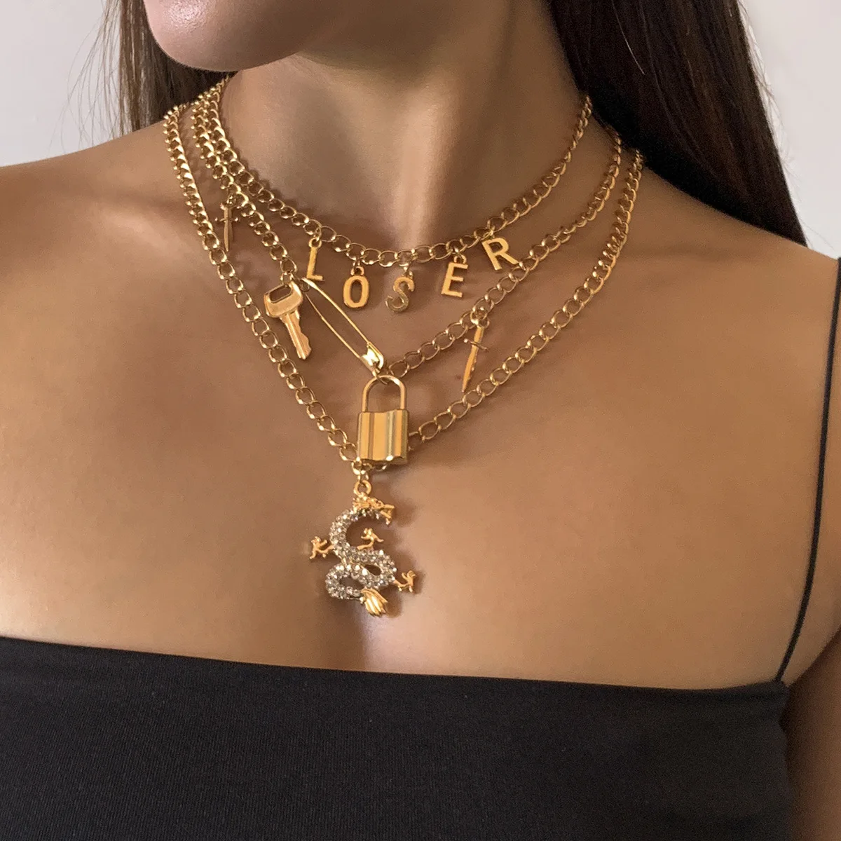 Многослойное массивное ожерелье цепочка в стиле панк женское с подвеской виде