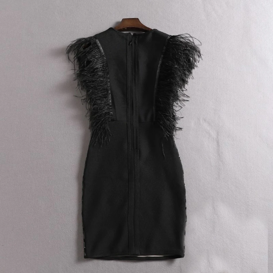 

Winter Feather Sequined Bandage Dress Sexy Black Sleeveless Deep V-neck Mini Dress Bodycon Vestidos Club Celebrity Party Dress