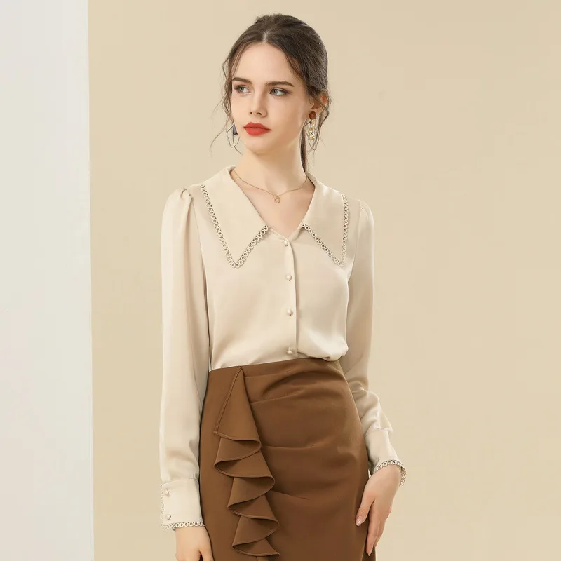

2021 Spring New Ladies Korean Pure Color Temperament Sexy Perspective Pleated Shirt Long Sleeve Chiffon Shirt Women q021