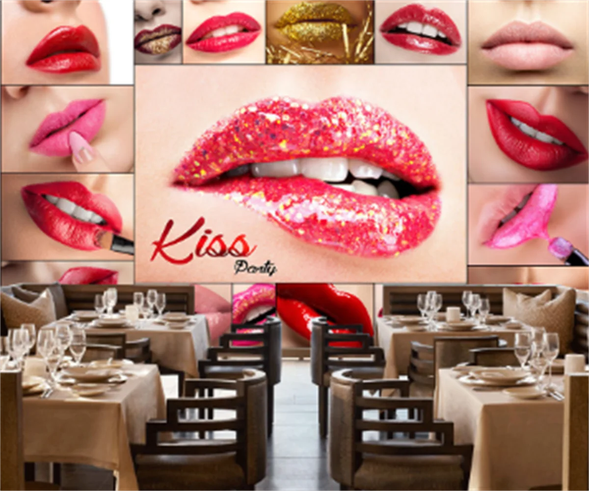 

Customize any size 3D tooling mural wall stickers HD sexy red lips bar nightclub beauty tattoo tooling background wall papel