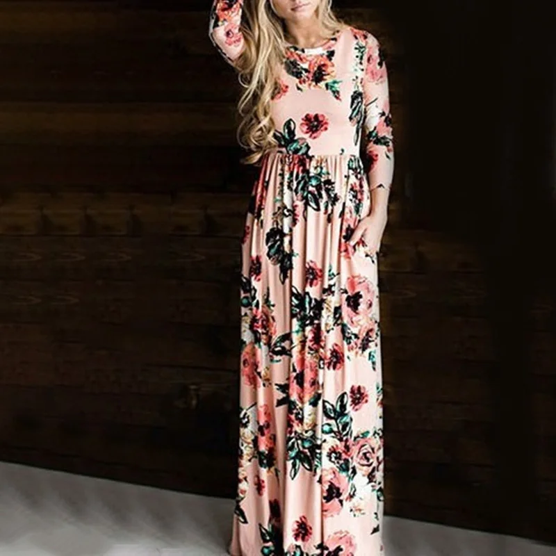 Womens Loose Floral Printed Round Neck Long Sleeve Cocktail Maxi Dresses | Женская одежда