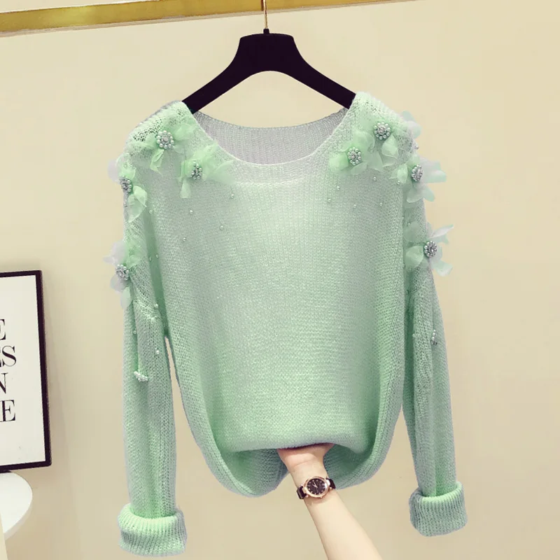 

2020 Autumn and Winter Heavy Industry Beads Three-Dimensional Flower Long Sleeved Sweater for Women New Loose Lady's Jumper