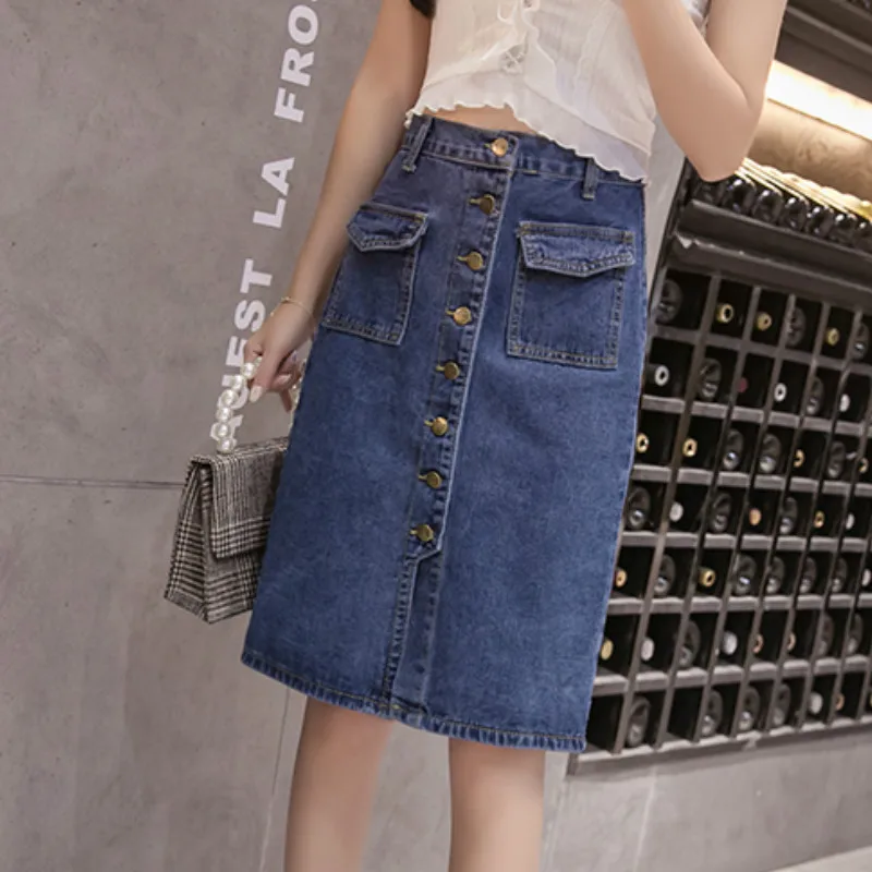 Женские летние однобортные джинсовые юбки до колена размера плюс размеры S M L XL 2XL