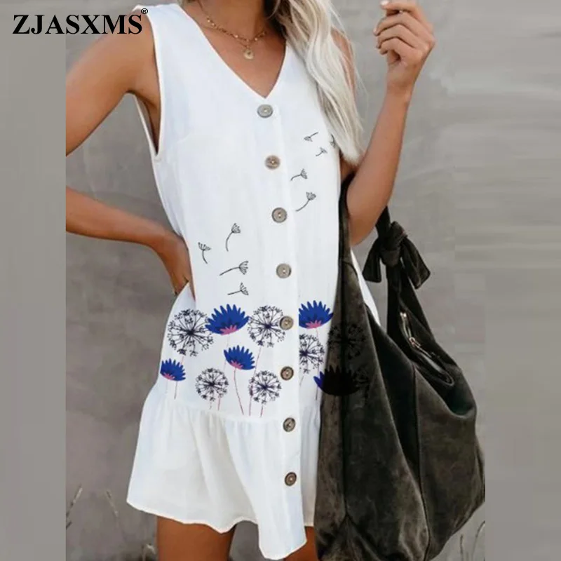 

Women Casual V Neck Button Party Dress New Spring Single Breasted Ruffle A-Line Dress Summer Sleeveless Loose A-Line Beach Dress