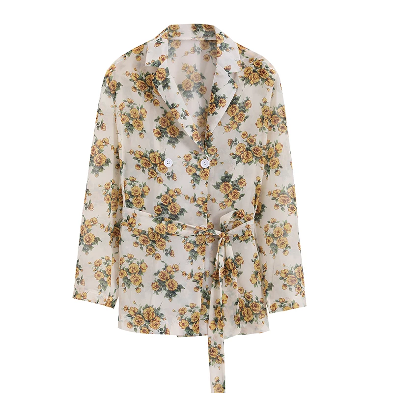 

Floral chiffon shirt long-sleeved Tops 2020 new waist design blouses shirts female autumn blazer coat slim waist tops
